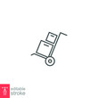 © Suncheli - Box trolley line icon, move truck cargo carrier, bag cart delivery, flat luggage suitcase. Packaging Symbol. Hand truck with box editable stroke vector illustration design on white background. EPS 10
