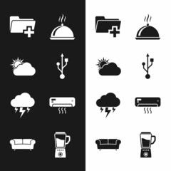 Sticker - Set USB, Sun and cloud weather, Add new folder, Covered with tray of food, Storm and Air conditioner icon. Vector