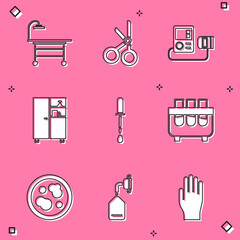 Sticker - Set Operating table, Medical scissors, Blood pressure, Medicine cabinet, Pipette, Test tube and flask, Petri dish with bacteria and oxygen mask icon. Vector