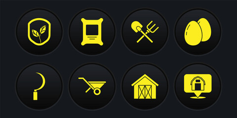 set sickle, chicken egg, wheelbarrow, farm house, shovel and rake, fertilizer bag, location farm and
