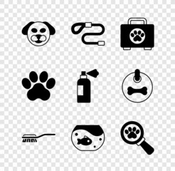 Wall Mural - Set Dog, Retractable cord leash, Pet first aid kit, Hair brush for dog and cat, Aquarium with fish, Veterinary clinic, Paw print and shampoo icon. Vector