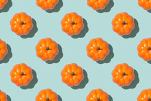 Top View Photo Of Orange Pumpkins On Isolated Pastel Blue Background