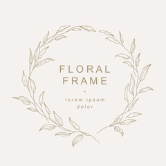 Hand drawn floral frame with a branch with leaves. Elegant leaf logo template. Vector illustration for labels, 
branding business identity, wedding invitation