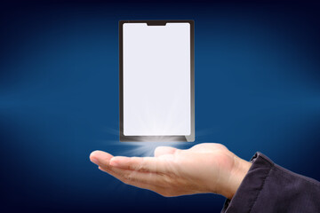 Poster - Tablet on blue background and white screen and business with technology concept, Button, Headline and Text Place on blue background