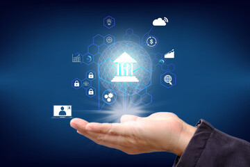 Poster - Businessman touching access personal financial data, digital network on blue background, Technology cybernetic of futuristic on networking, Innovation technology against digital cyber crime