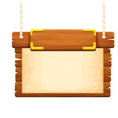 Wall Mural - Wood frame, banner with gold details, old parchment and rope in cartoon style isolated on white background. Ancient signboard. Ui game asset