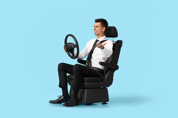 Sticker - Angry businessman in car seat and with steering wheel on color background