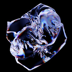 Poster - 3d render of deformed geometry shape made of glass with dispersion. Light separation. Trendy modern background. Crumpled bag. Clean minimal illustration...
