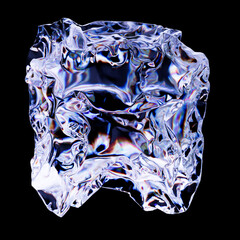 Poster - 3d render of deformed geometry shape made of glass with dispersion. Light separation. Trendy modern background. Abstract crumpled cloth...