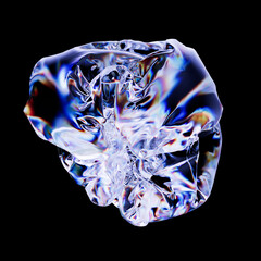 Poster - Isolated 3d render of deformed geometry shape made of glass with dispersion. Light separation. Trendy modern background. Abstract crumpled bag...