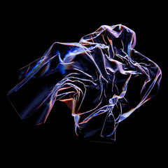 Poster - 3d render of deformed geometry shape made of glass with dispersion. Light separation. Trendy modern background. Abstract crumpled cloth...