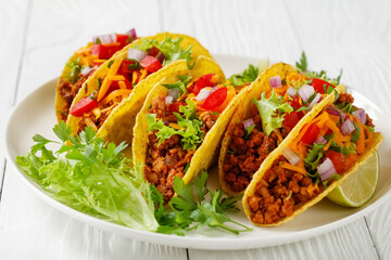 Ground Beef Tacos on a plate, top view