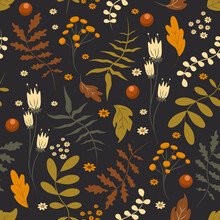 Vector Seamless Pattern With Leaves, Foliage, Plants, Flowers And Berries In Autumn Colors. Pattern In Flat Style For Printing On Fabric, Clothing, Wrapping Paper