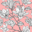 Beautiful seamless pattern with magnolia flowers plants on pink background.