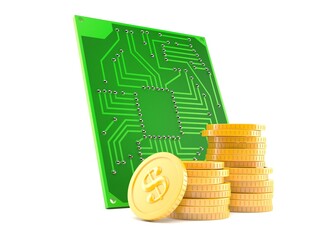 Canvas Print - Circuit board with stack of coins