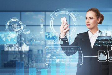 Poster - Businesswoman in formal suit is holding smartphone with hologram