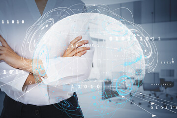 Poster - Businesswoman wearing white shirt is standing in crossed arm pose