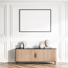 Poster in the white living room interior with sideboard and wall moulding