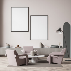 Living room interior with two white empty poster, three armchairs