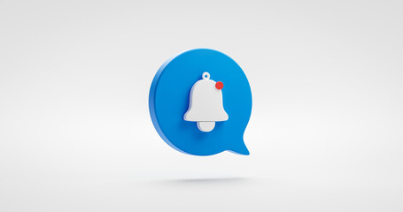 Fototapete - Blue notification bell alarm icon or receive email attention sms sign and internet message illustration isolated on white background with web communication symbol element. 3D rendering.
