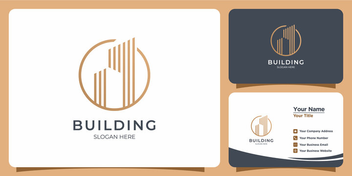 Minimalist building logo with line art style logo design and business card template