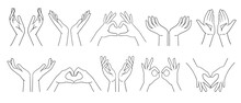 Designation of numbers with hands, gestures. Counting to five - hands. Vector illustration isolated on white. line art