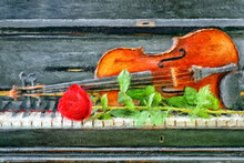Painting Of Piano Violin And Red Rose