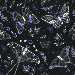 Vector seamless pattern with moon moth and stars. Contemporary composition. Trendy texture for print, textile, packaging.