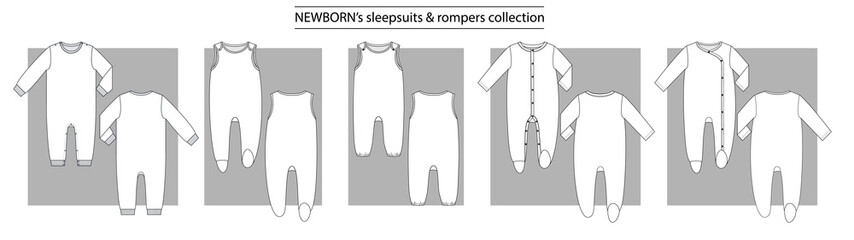 Wall Mural - NEWBORN’s sleepsuits & rompers collection basic set of technical sketches for babys