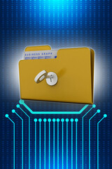 Poster - Key on locked yellow folder. 3D illustration