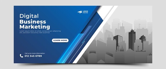 Business horizontal cover banner template design. Editable futuristic horizontal banner with blue color background and place for the photo.