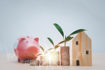 Pink piggy bank with leaf on Coins stack and Home in the White background, Money spending planning, plant growing up on coins and investment budget, business finance and saving money investment.