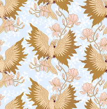 Seamless Pattern With Parrot And Magnolia Flower, Blue, Pink And Gold Colors