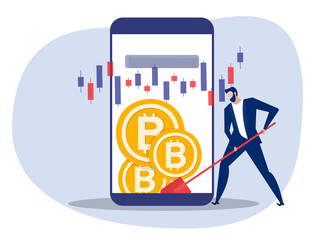  Man dig bitcoin coins on phone, Digital currency wallet,. Vector illustration in a flat style