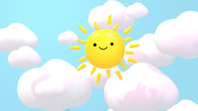 Cartoon Smiling Sun And White Clouds In The Blue Sky. 3d Rendered Picture.