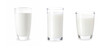 3 glasses of milk isolate on white background. Fresh milk in various glasses with clip path for die cut. Fresh milk glass for children realistic photo image. Mix three shape glasses of milk on white.