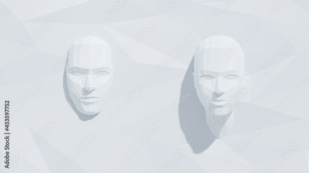Low poly human faces in white polygon background. 3d rendering animation simple illustration style. 