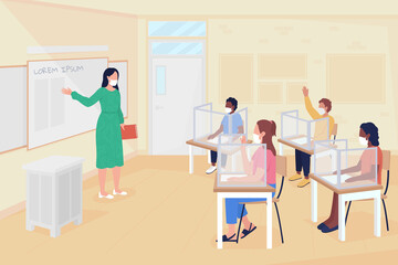 Poster - Return to school lessons after coronavirus flat color vector illustration. Infection prevention measures. Female teacher and pupils 2D cartoon characters with classroom interior on background