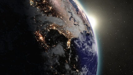 3d rendering of night to day planet earth sunrise view from space with sun showing up from the east 