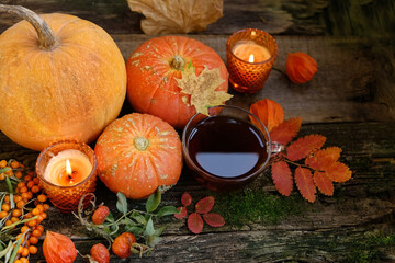 Sticker - pumpkins, autumn leaves, tea cup and candles on wooden table background. autumn cozy still life. symbol of fall season, harvest, halloween, mabon sabbat