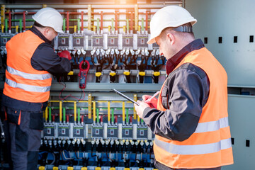 Wall Mural - checking the operating voltage levels of the solar panel switchgear compartment