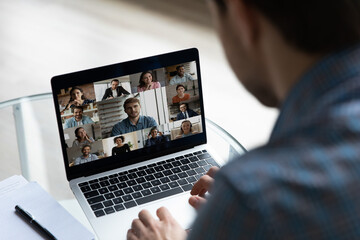 Wall Mural - laptop screen with business group video call head shots. team meeting on virtual conference, chattin