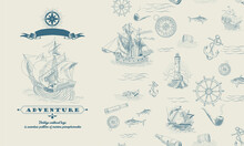 Vector Seamless Pattern On The Theme Of Travel, Adventure And Discovery. Vintage Hand-drawn Sailboats, Sunken Ships, Map, Wind Rose, Anchor, Steering Wheel, Compass. Attributes Of Maritime Navigation