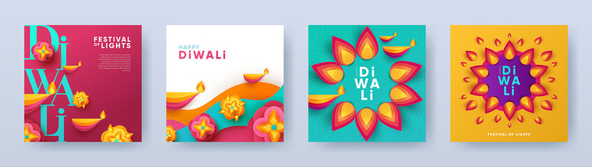 Wall Mural - Happy Diwali Hindu festival modern design set in paper cut style with oil lamps on colorful waves and beautiful flowers of lights. Holiday background for branding, card, banner, cover, flyer or poster