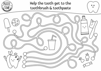 Wall Mural - Black and white dental care maze for children. Preschool medical outline activity. Funny puzzle game or coloring page. Help ill tooth get to the toothbrush and toothpaste. Mouth hygiene labyrinth.