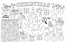Vector Christmas Placemat For Kids. Winter Holiday Printable Activity Mat With Maze, Tic Tac Toe Charts, Connect The Dots, Find Difference. Black And White New Year Play Mat Or Coloring Page.