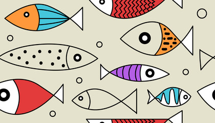 Wall Mural - Cartoon seamless pattern with hand drawn fish for print, wallpaper, textiles or fabric