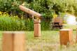 © Lukas Bast - Wikingerschach (Kubb) aus Holz in Garten aufgestellt. Wooden Kubb sticks in garden. Wooden Kubb game.