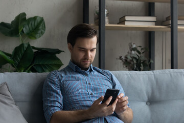 Wall Mural - serious mobile phone user reading text message on screen, resting on couch et home. millennial man f