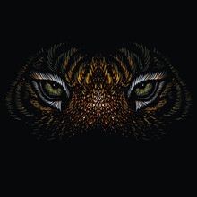 The Vector Logo Tiger For Tattoo Or T-shirt Design Or Outwear.  Hunting Style Big Cat Print On Black Background. This Hand Drawing Is For Black Fabric Or Canvas.